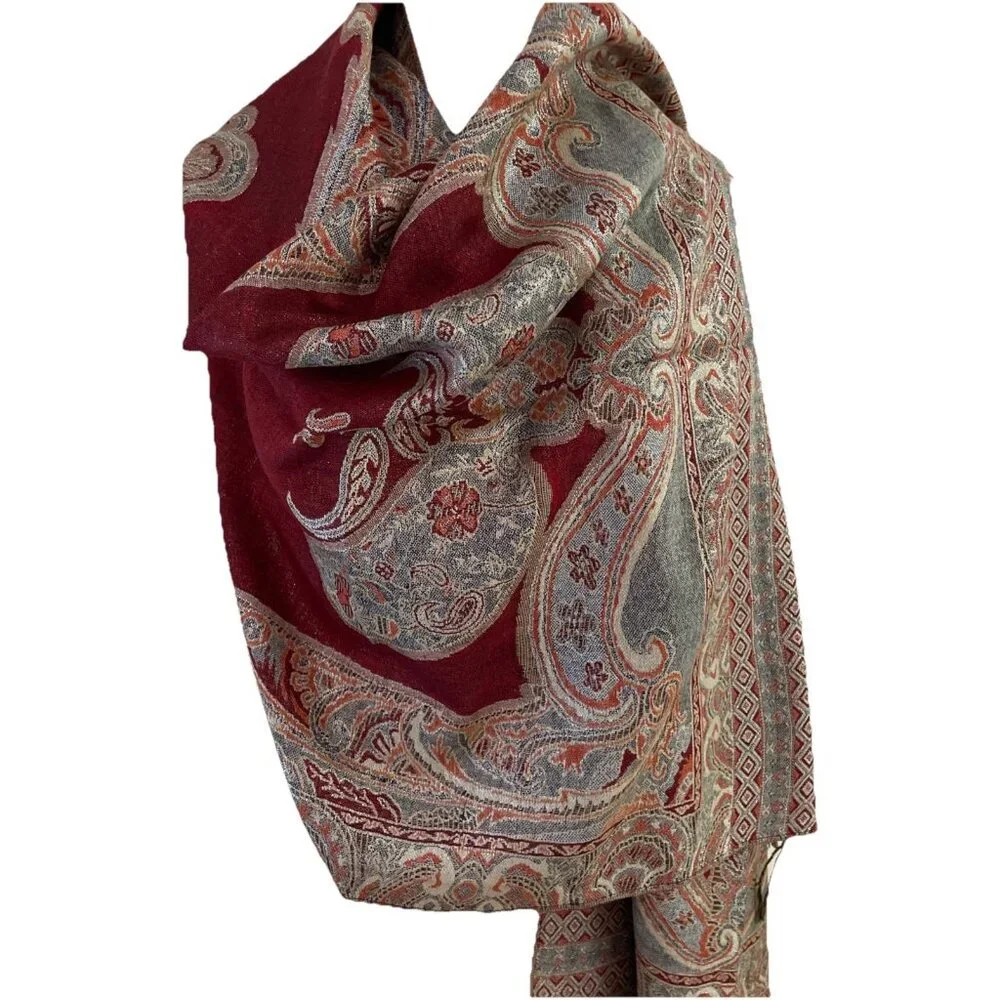 Women's Metallic Scarf Wrap Shawl 78x27 Red Paisley Fringe Boho Luxury NWOT